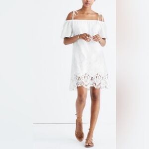 NWT Madewell Off Shoulder Alexa Chung White Lace Dress w Tasseled Shoulder Ties